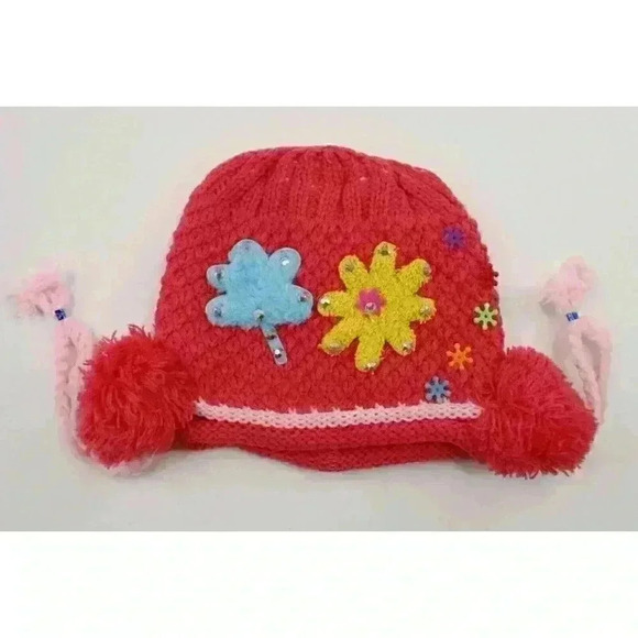 HAND knitted girl hat with knitted applique with beads for 3-6 year old. NEW. - Picture 6 of 9